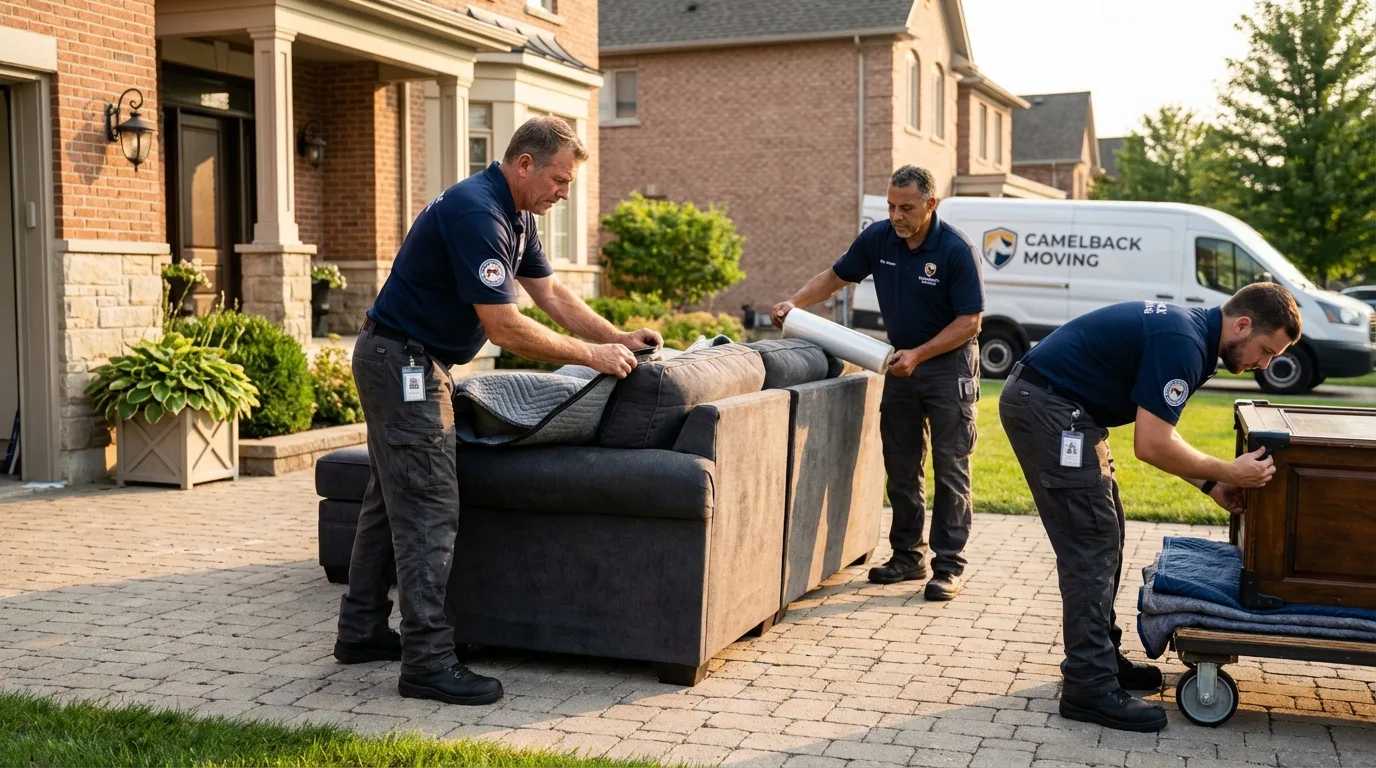 Large estate moving crew wrapping furniture in Newark, NY