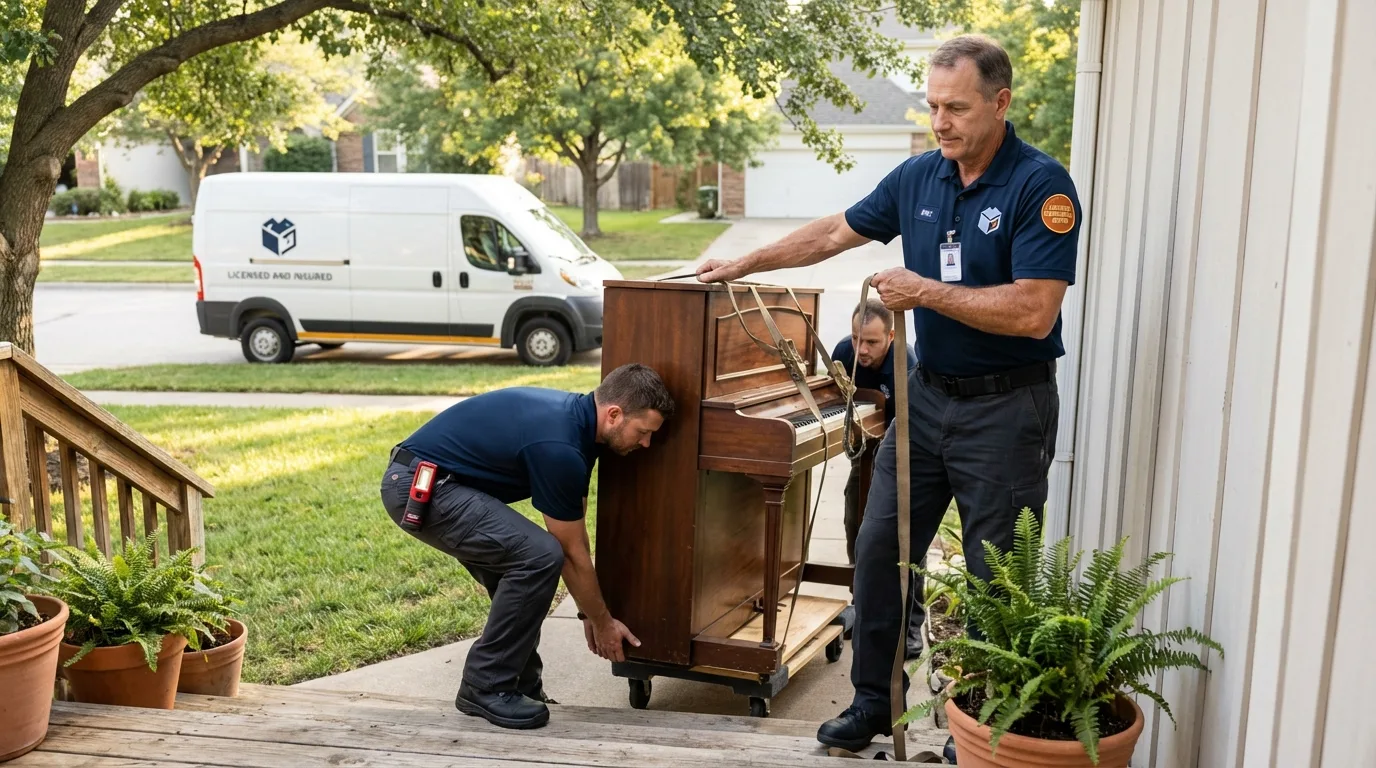 Licensed piano movers securing grand piano in Newark, NY