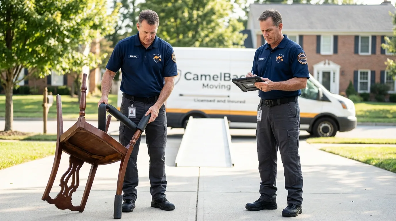 Movers inspecting furniture for damage prevention before loading in Newark, NY