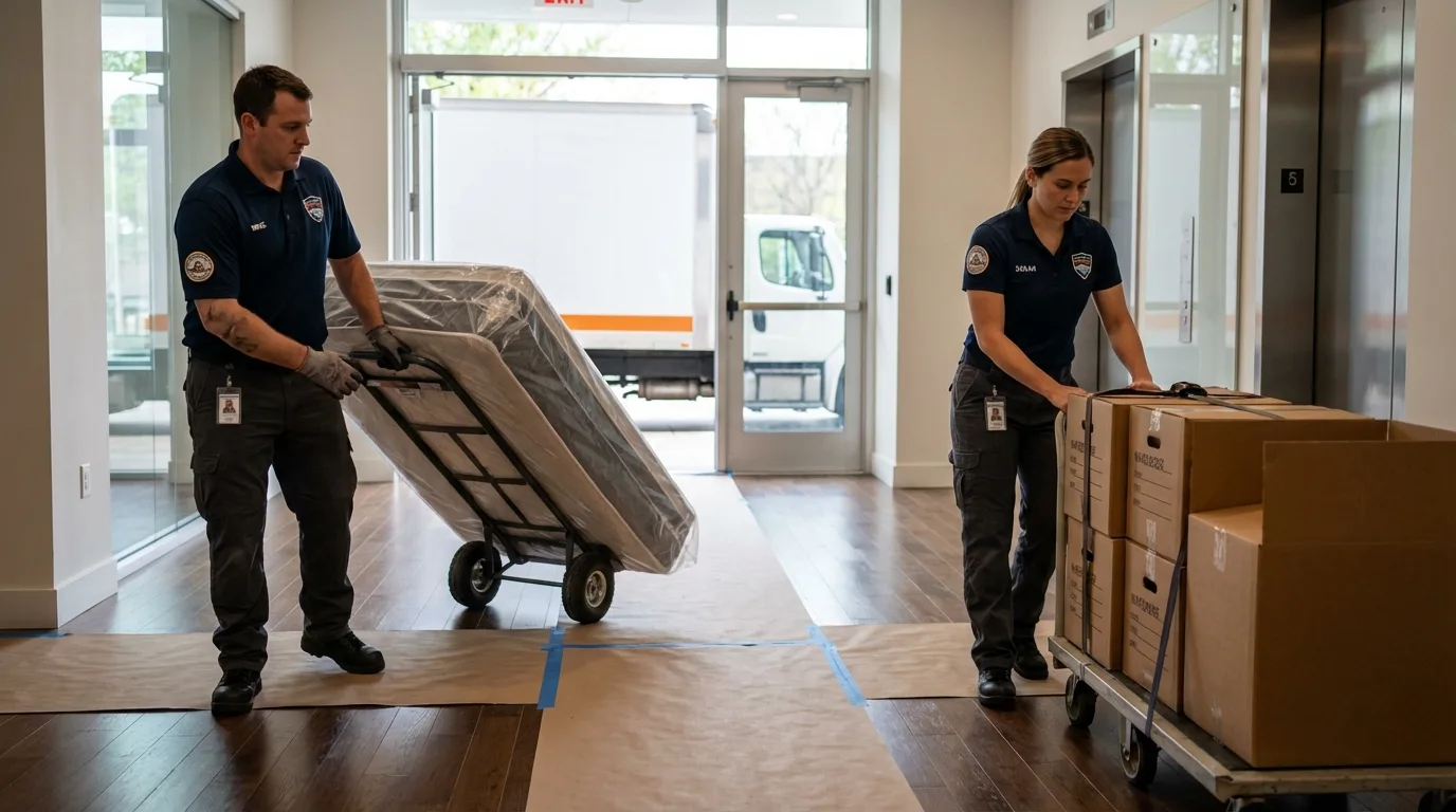 Professional apartment movers loading elevator in Newark, NY